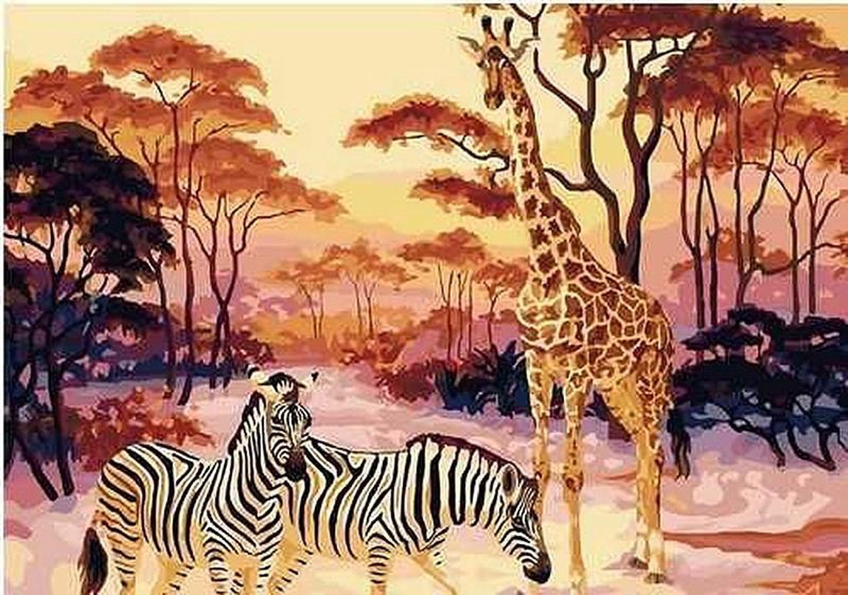 Schilderen op Nummer Volwassenen en Kinderen - Met Lijst, Opgespannen op Frame - Hobby Pakket Verven - Painting by Numbers Adults -  40x50 cm - Dieren, Giraffe & Zebra